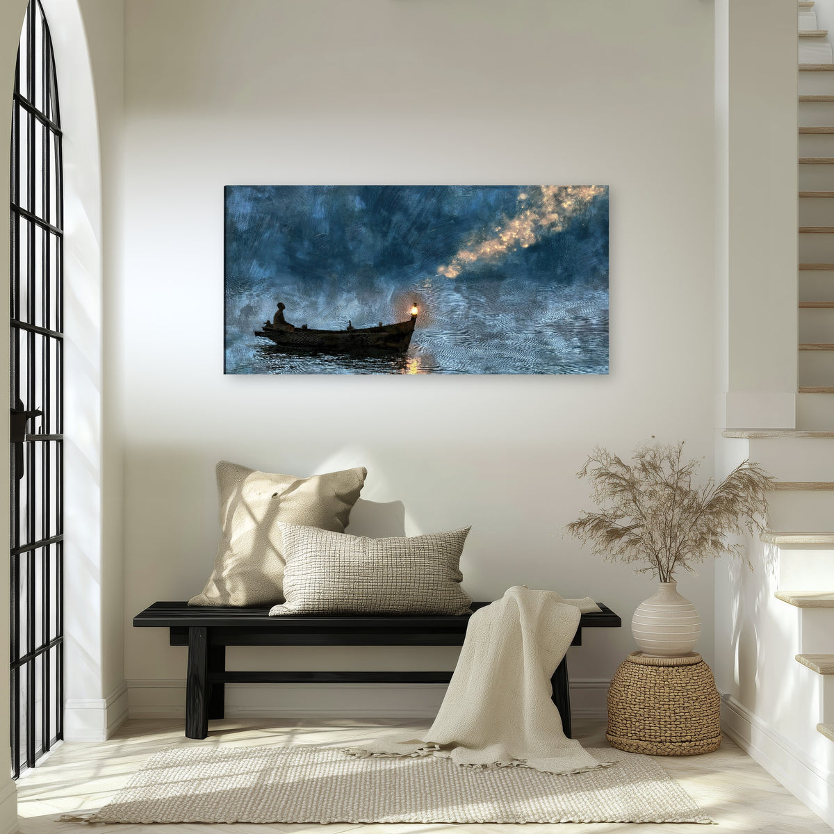 Night boat with lantern painting canvas wall art in an entryway above a bench