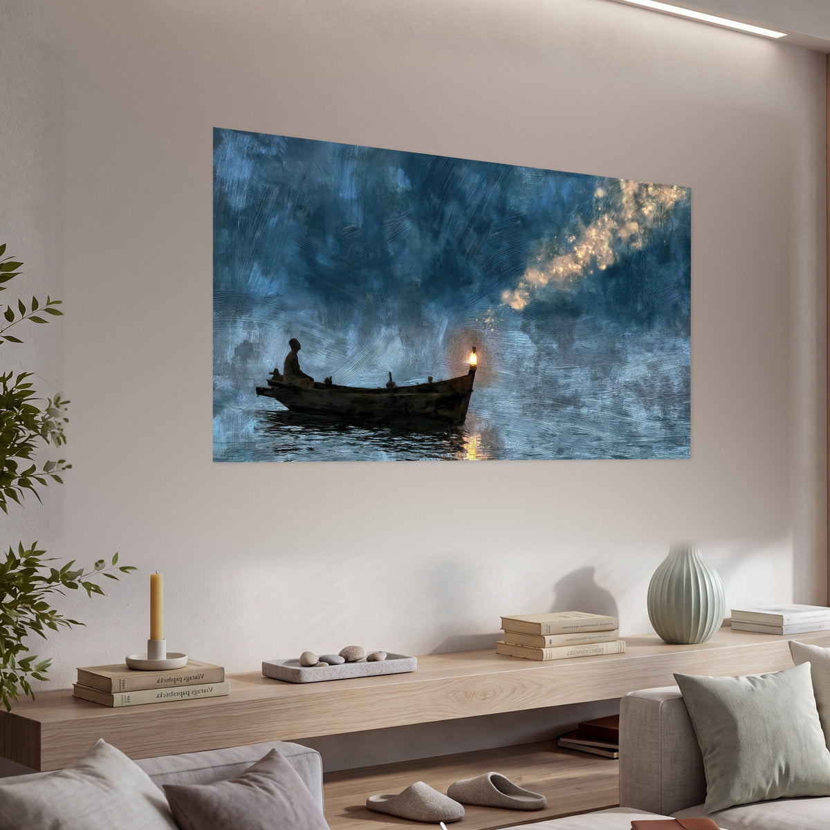 Night boat with lantern painting poster print in a living room above a console