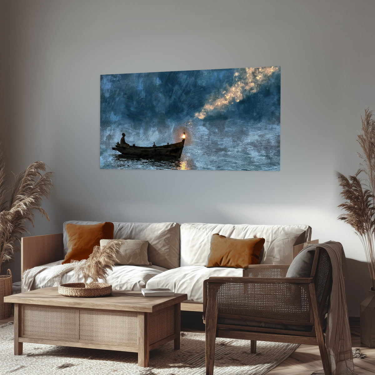Night boat with lantern painting poster print in a rustic living room