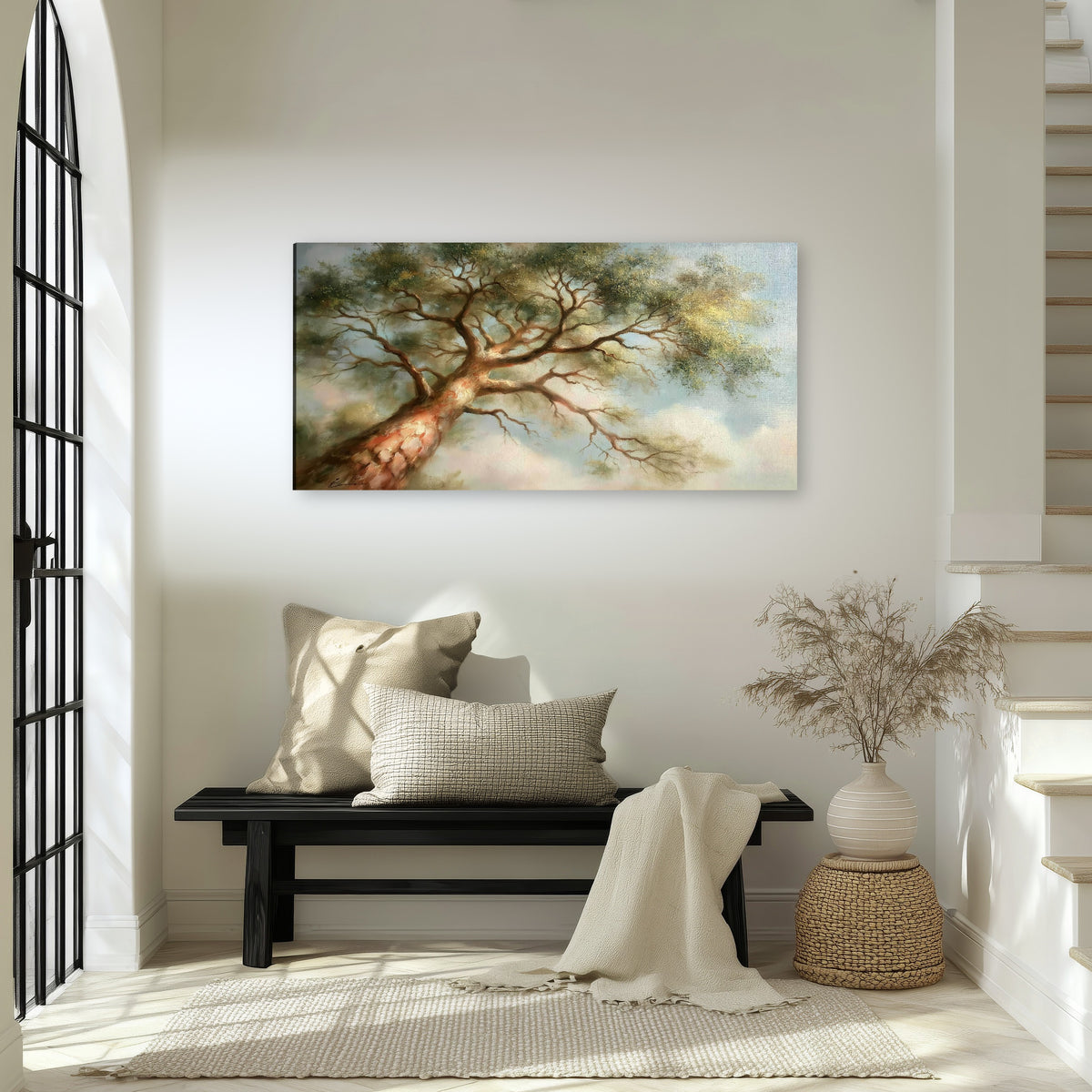 Majestic tree canopy painting canvas wall art in an entryway above a bench