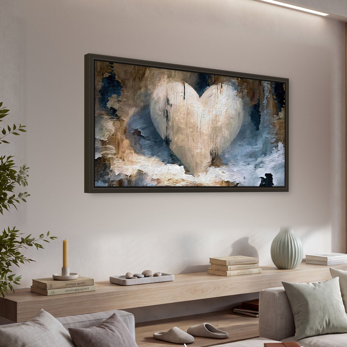 Rustic heart abstract painting framed canvas wall art in a living room above a console