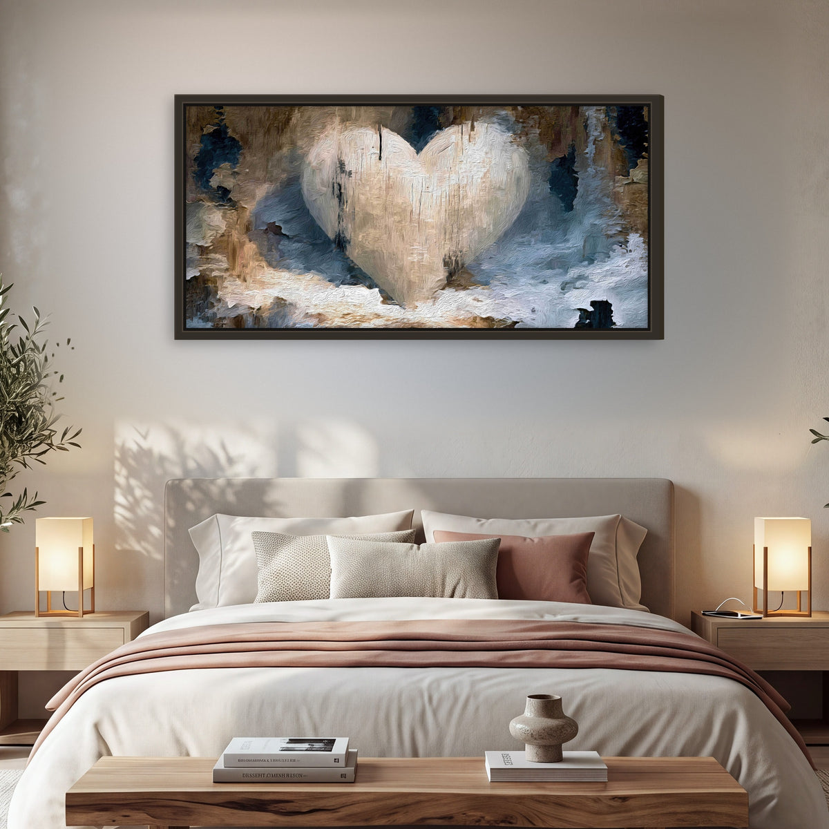 Rustic heart abstract painting framed canvas wall art in a bedroom above the bed