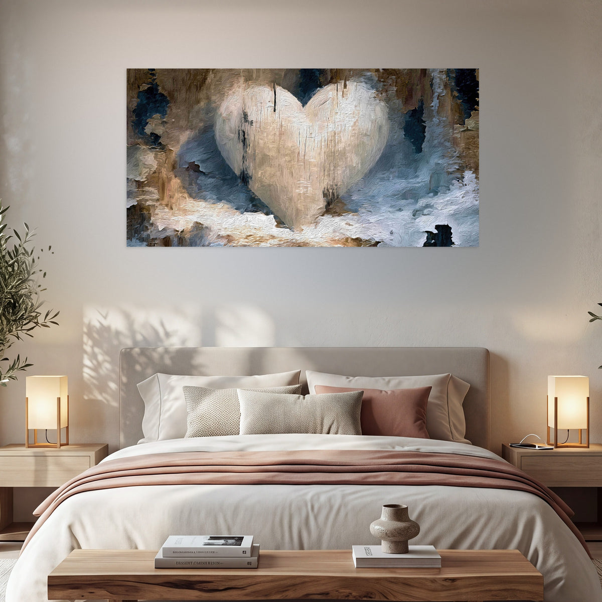 Rustic heart abstract painting poster print in a bedroom above the bed