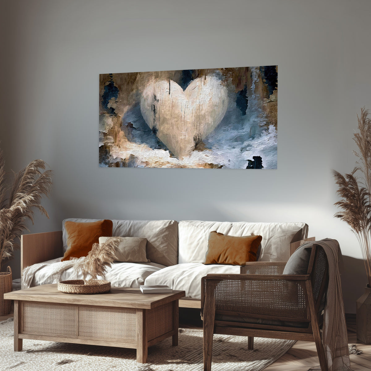 Rustic heart abstract painting poster print in a rustic living room