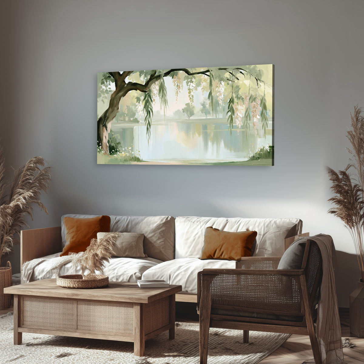 Willow tree by the lake painting canvas wall art in a rustic living room