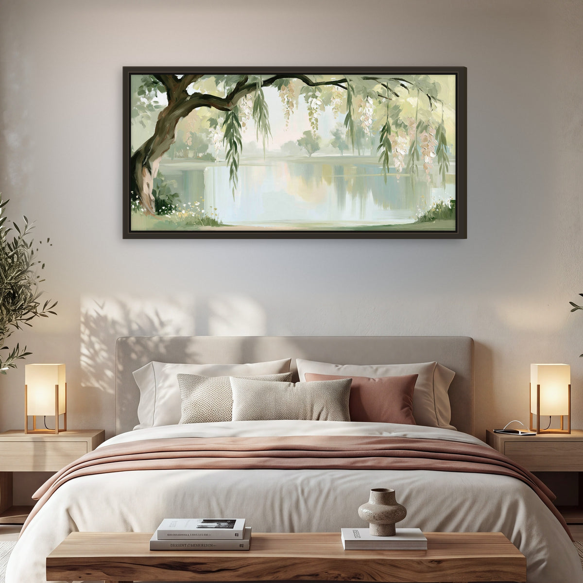 Willow tree by the lake painting framed canvas wall art in a bedroom above the bed