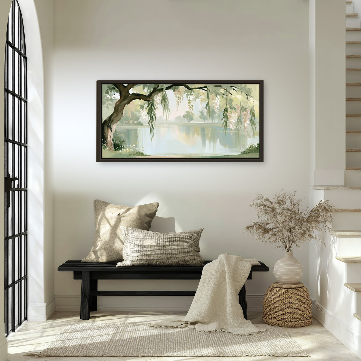 Willow tree by the lake painting framed canvas wall art in an entryway above a bench