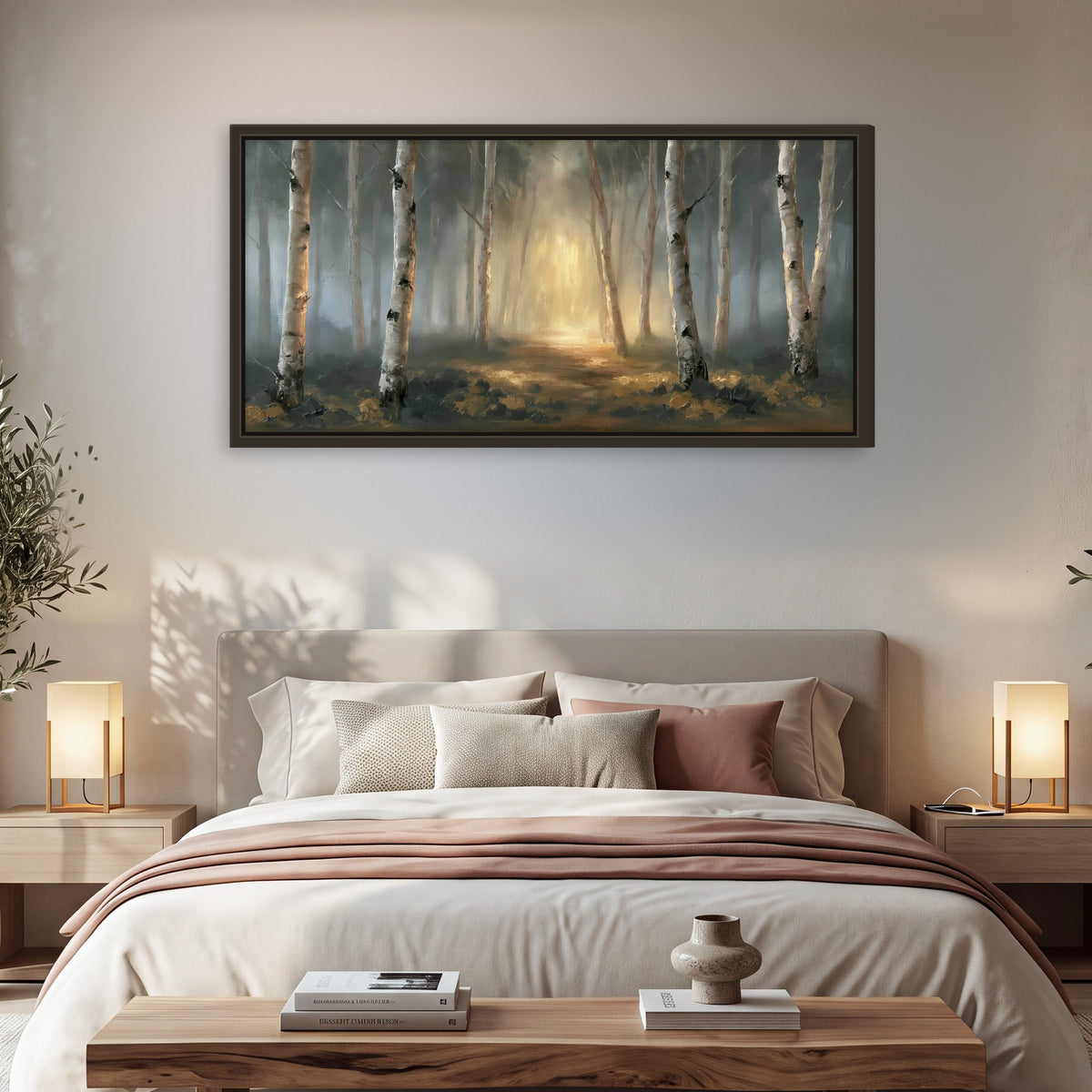 Misty birch forest painting framed canvas wall art in a bedroom above the bed