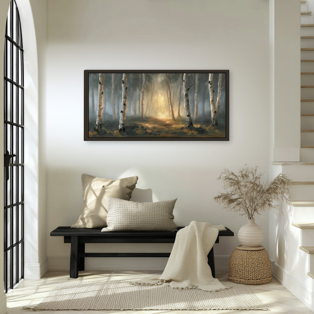 Misty birch forest painting framed canvas wall art in an entryway above a bench