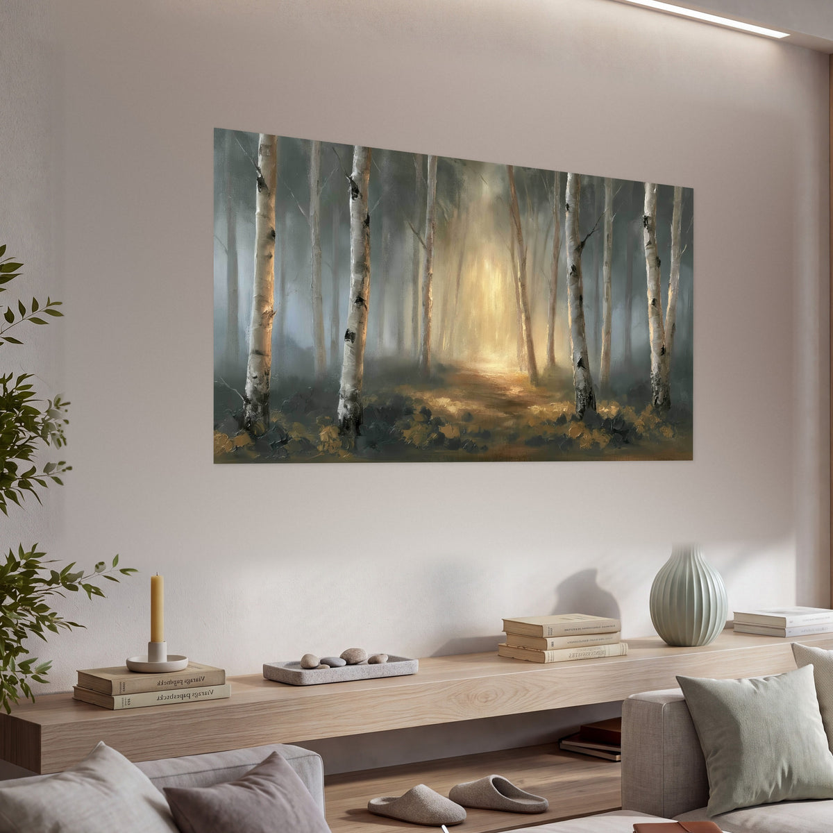 Misty birch forest painting poster print in a living room above a console