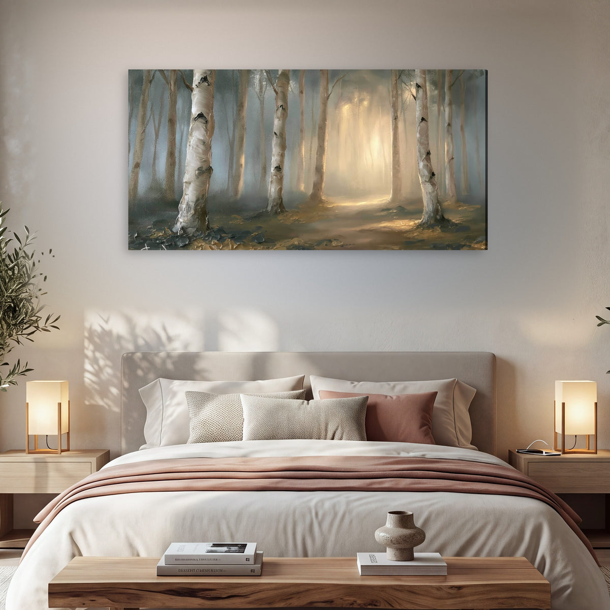 Birch forest path painting canvas wall art in a bedroom above the bed