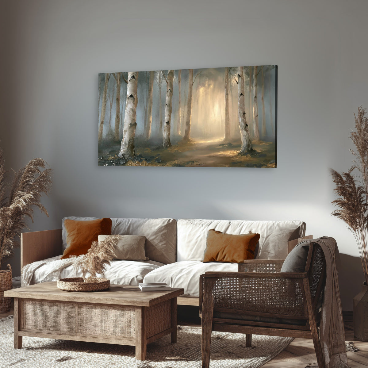 Birch forest path painting canvas wall art in a rustic living room