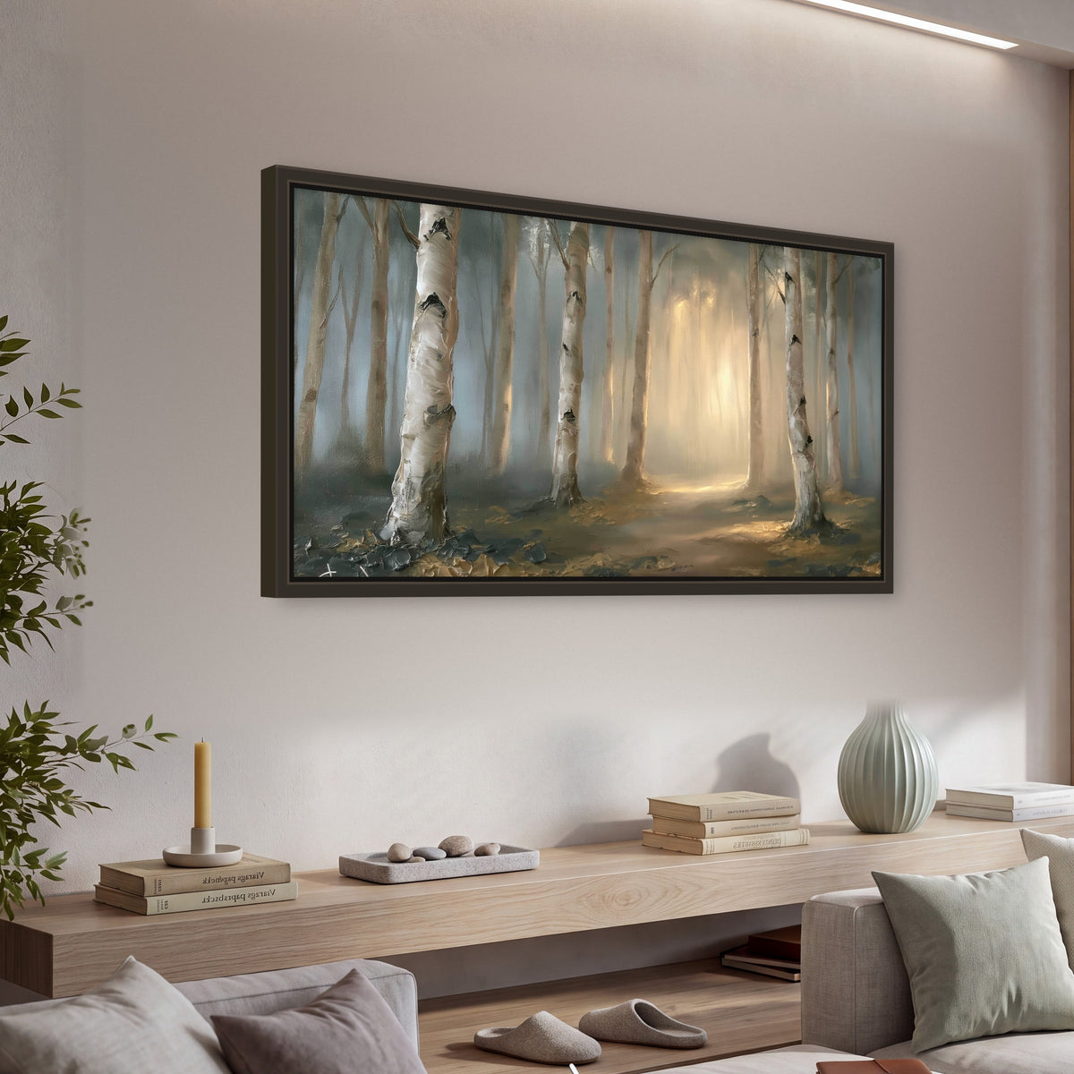 Birch forest path painting framed canvas wall art in a living room above a console