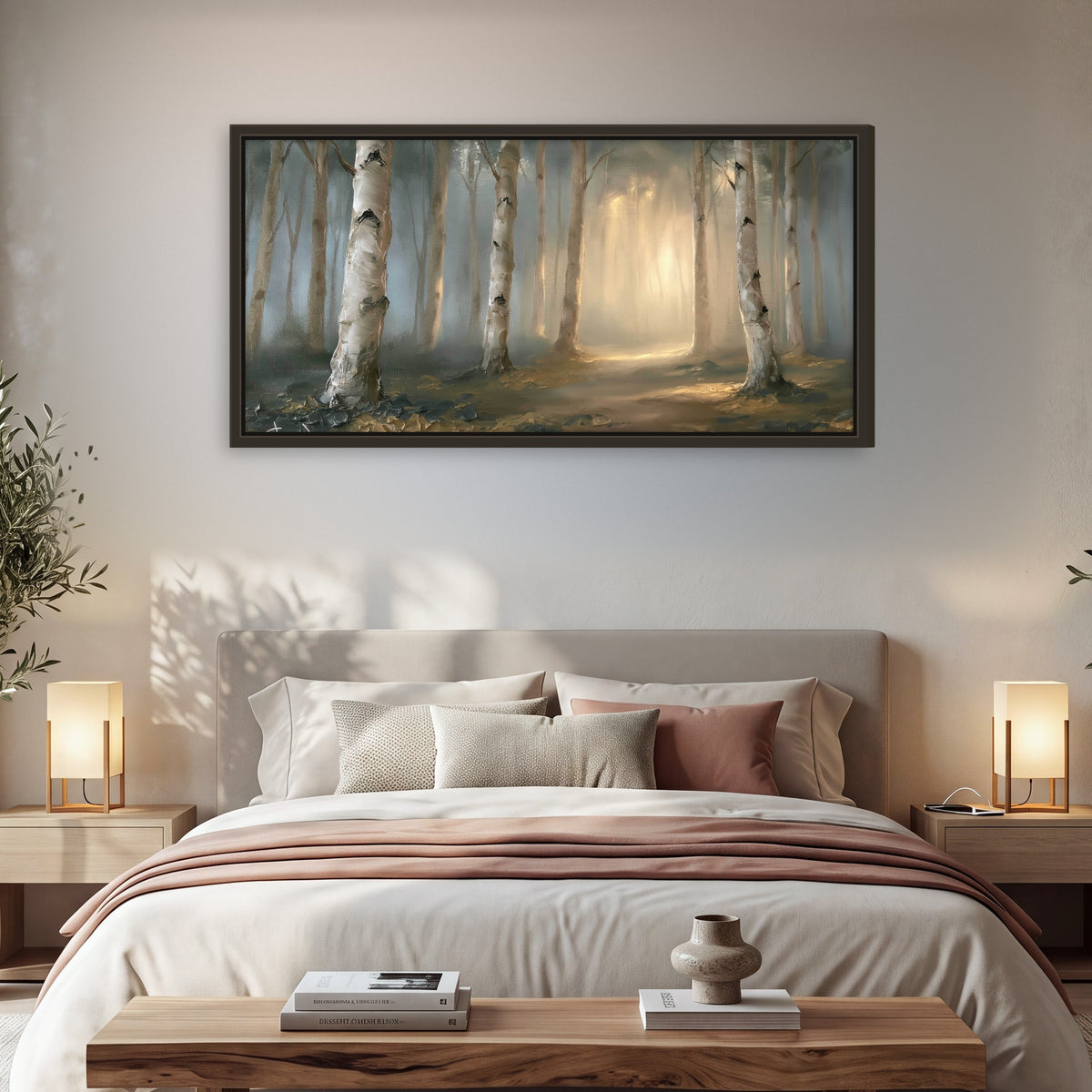 Birch forest path painting framed canvas wall art in a bedroom above the bed