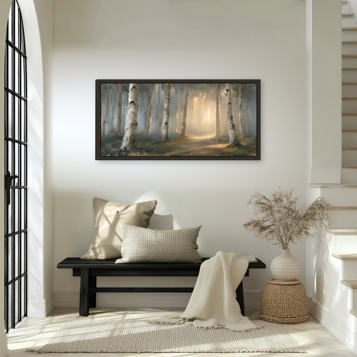 Birch forest path painting framed canvas wall art in an entryway above a bench
