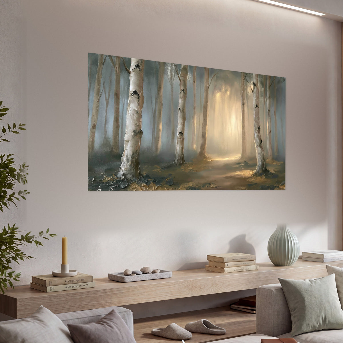 Birch forest path painting poster print in a living room above a console