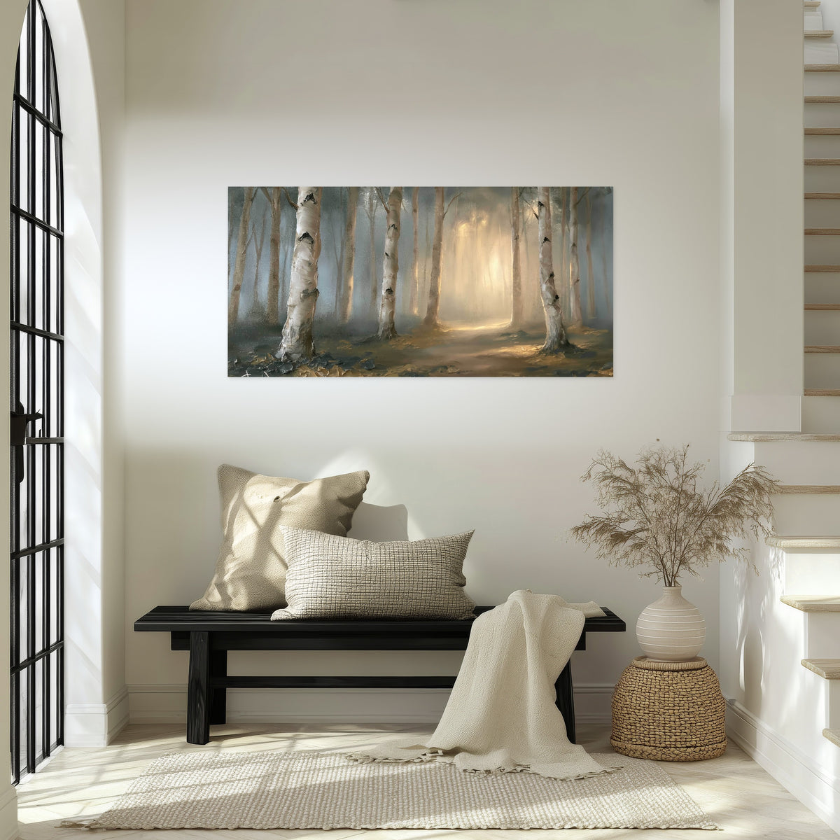 Birch forest path painting poster print in an entryway above a bench