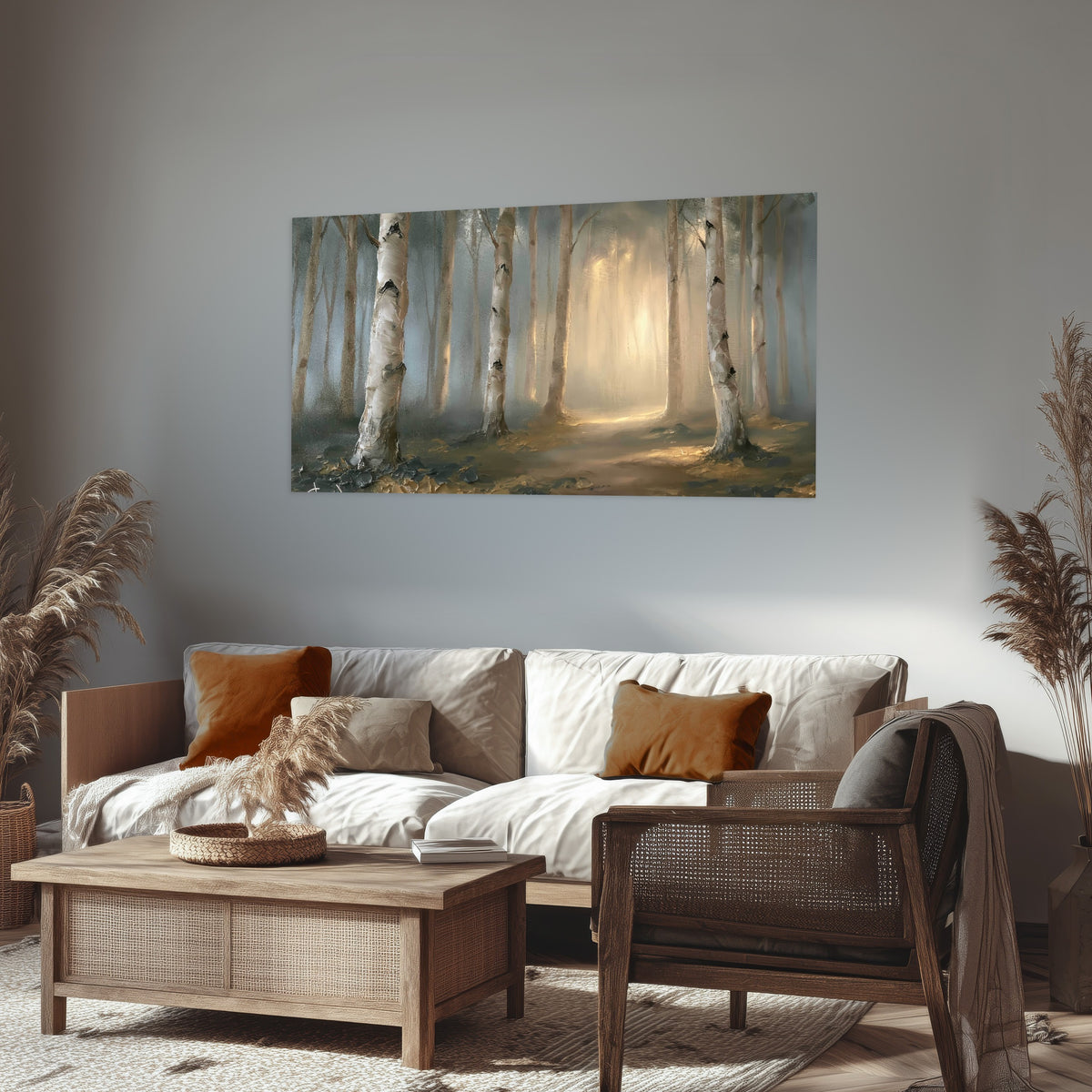 Birch forest path painting poster print in a rustic living room