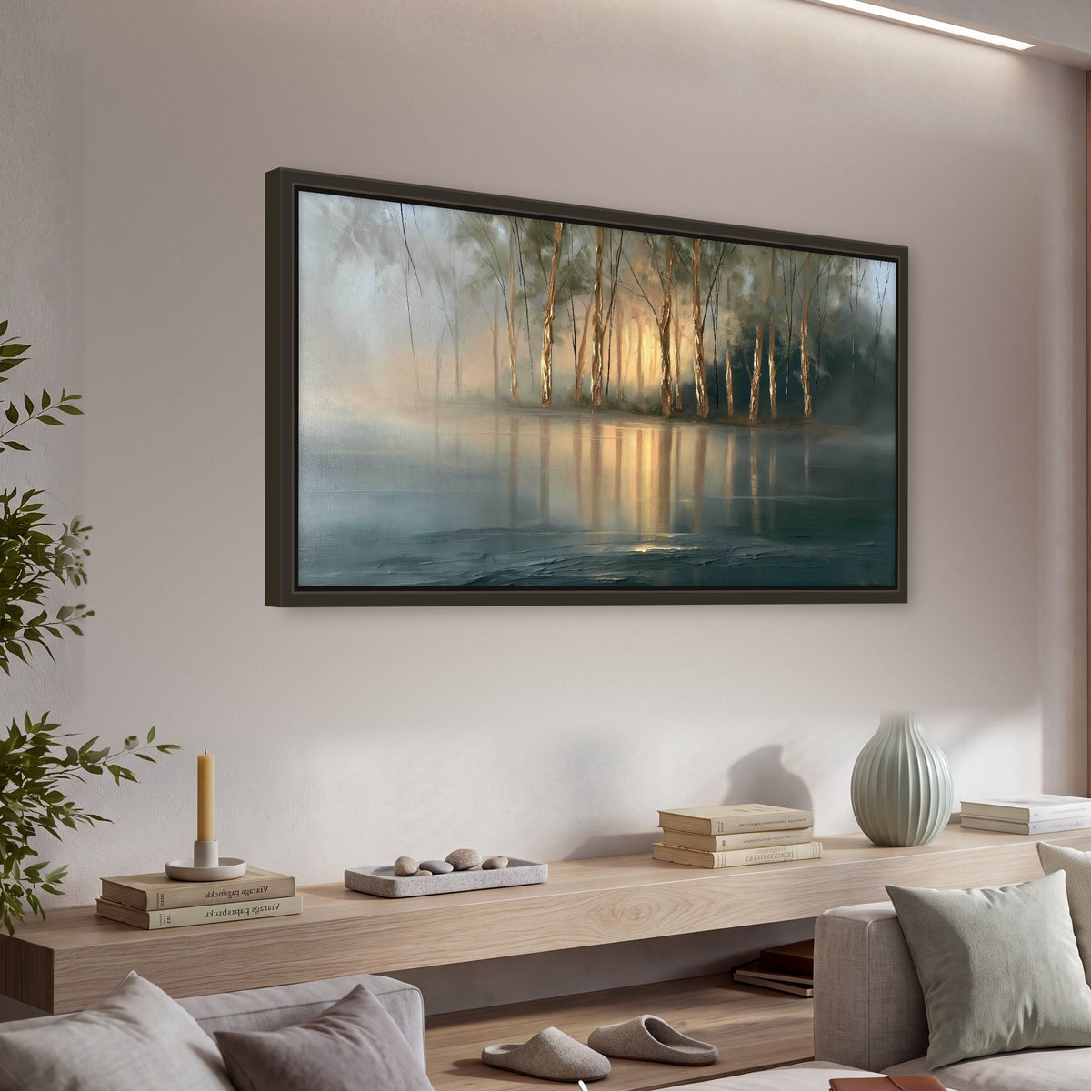 Misty lake sunrise painting framed canvas wall art in a living room above a console