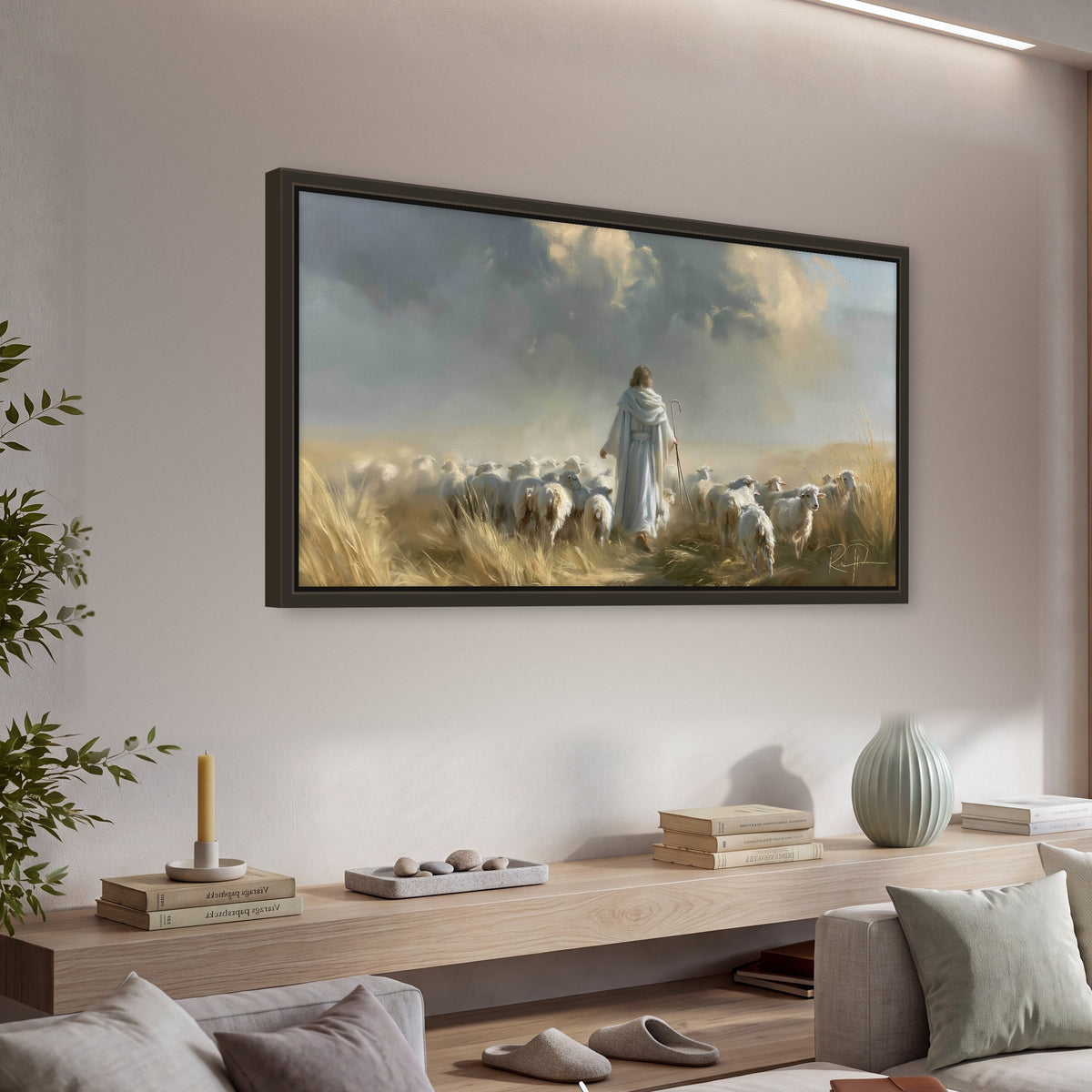 Jesus the Good Shepherd painting framed canvas wall art in a living room above a console