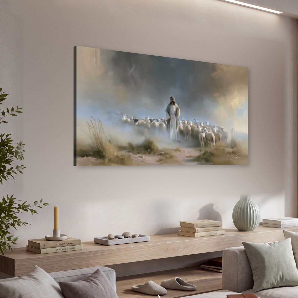 Good Shepherd in the mist painting canvas wall art in a living room above a console