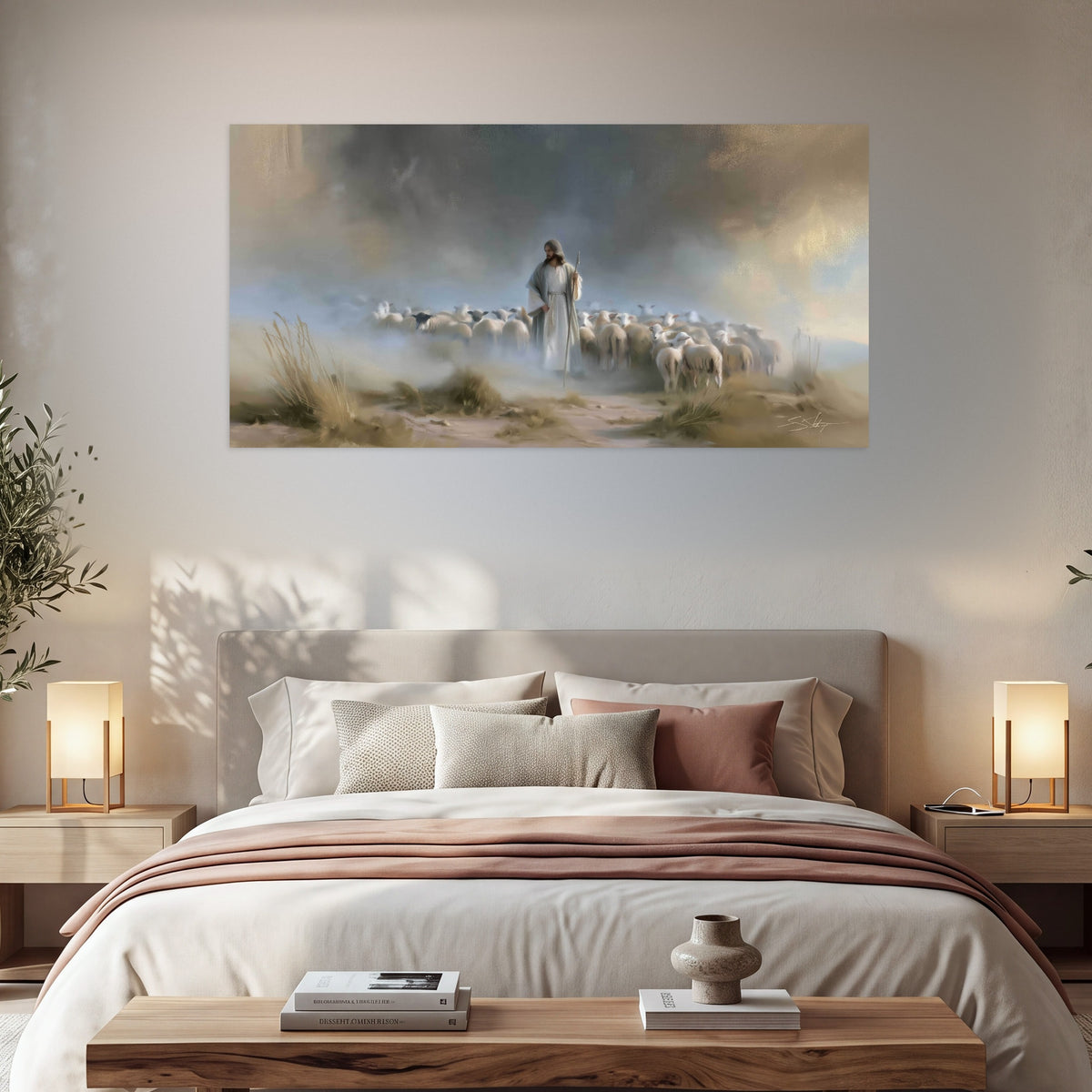 Good Shepherd in the mist painting poster print in a bedroom above the bed