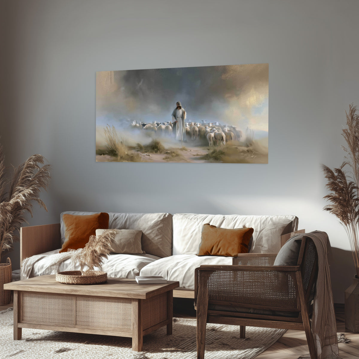 Good Shepherd in the mist painting poster print in a rustic living room