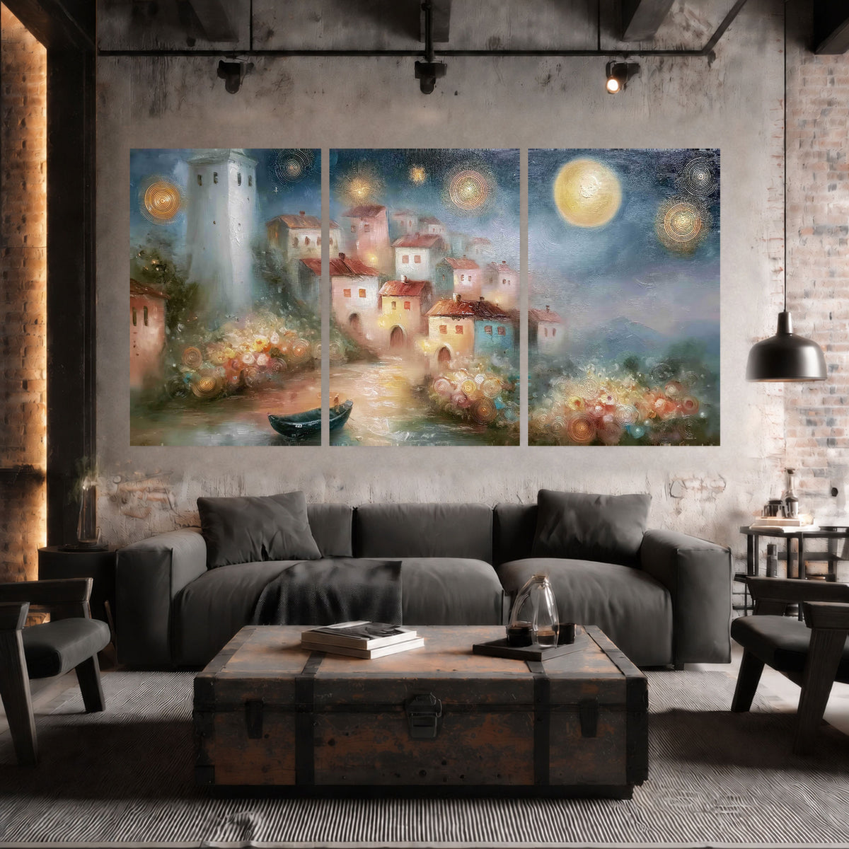 Moonlit village painting set of 3 poster prints in an industrial loft