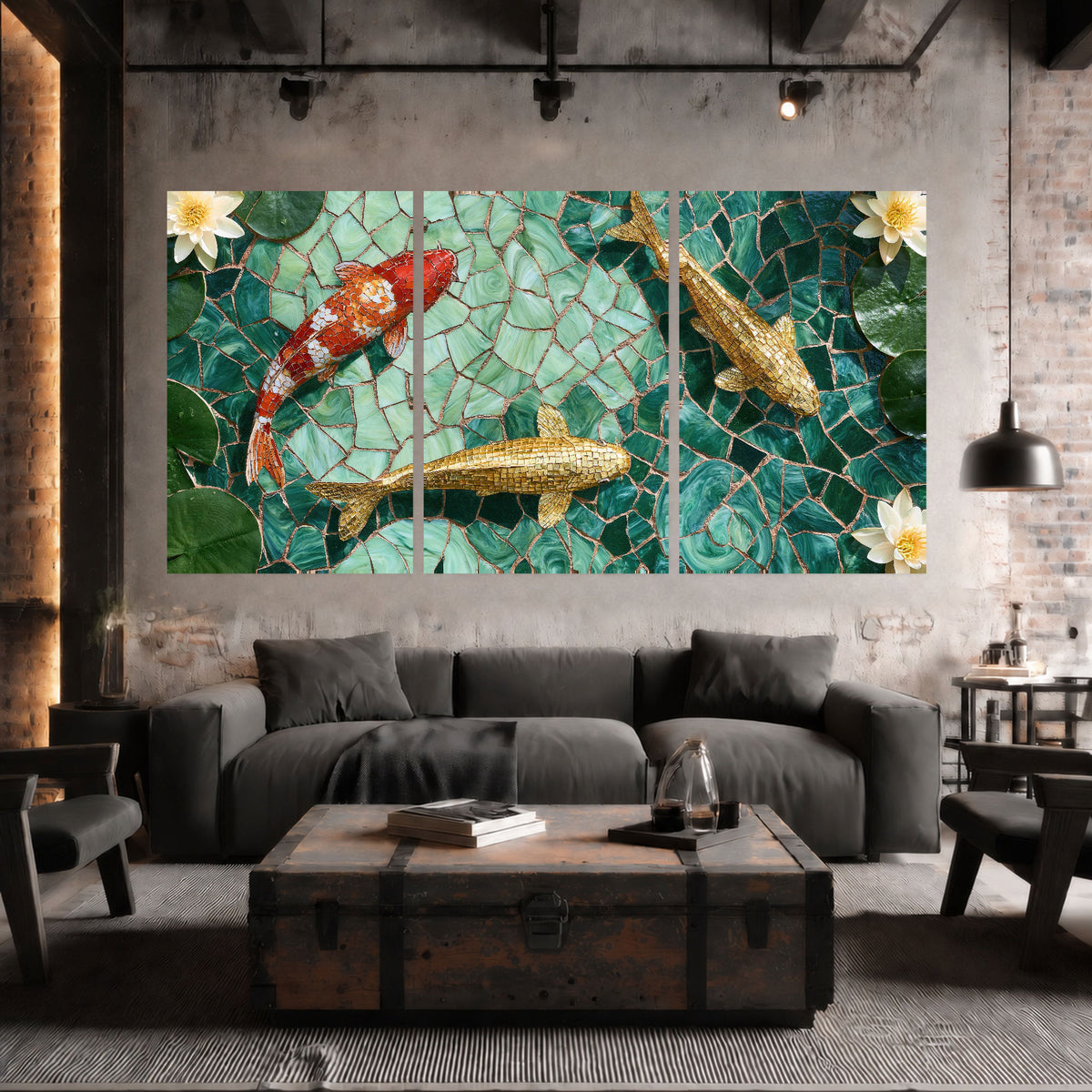 Koi fish mosaic set of 3 poster prints in an industrial loft