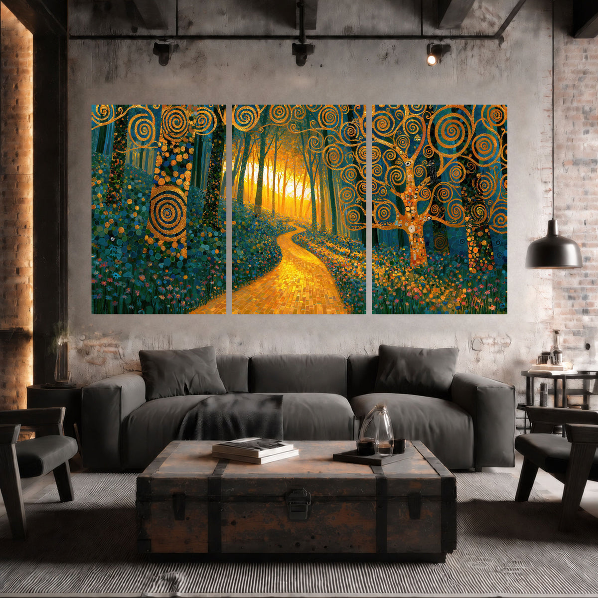 Golden swirl forest painting set of 3 poster prints in an industrial loft