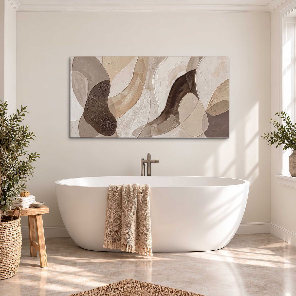 Layered organic shapes in taupe, cream and brown single canvas wall art styled in an interior