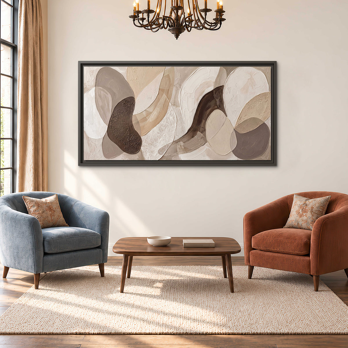 Layered organic shapes in taupe, cream and brown single framed canvas wall art styled in an interior
