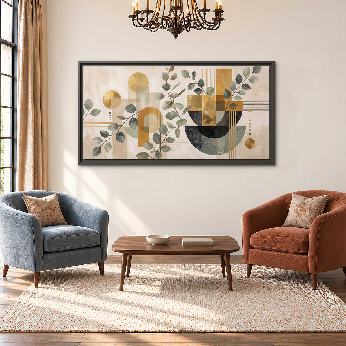 Sage leaves and golden arches botanical artwork — single framed canvas wall art styled in an interior