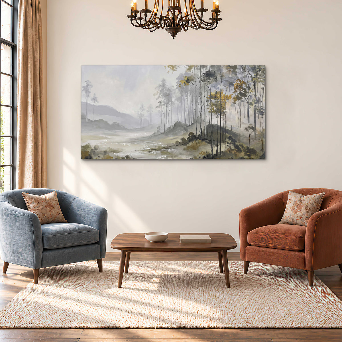 Misty woodland stream with gray trees, muted olive foliage and distant hazy hills single canvas wall art styled in an interior
