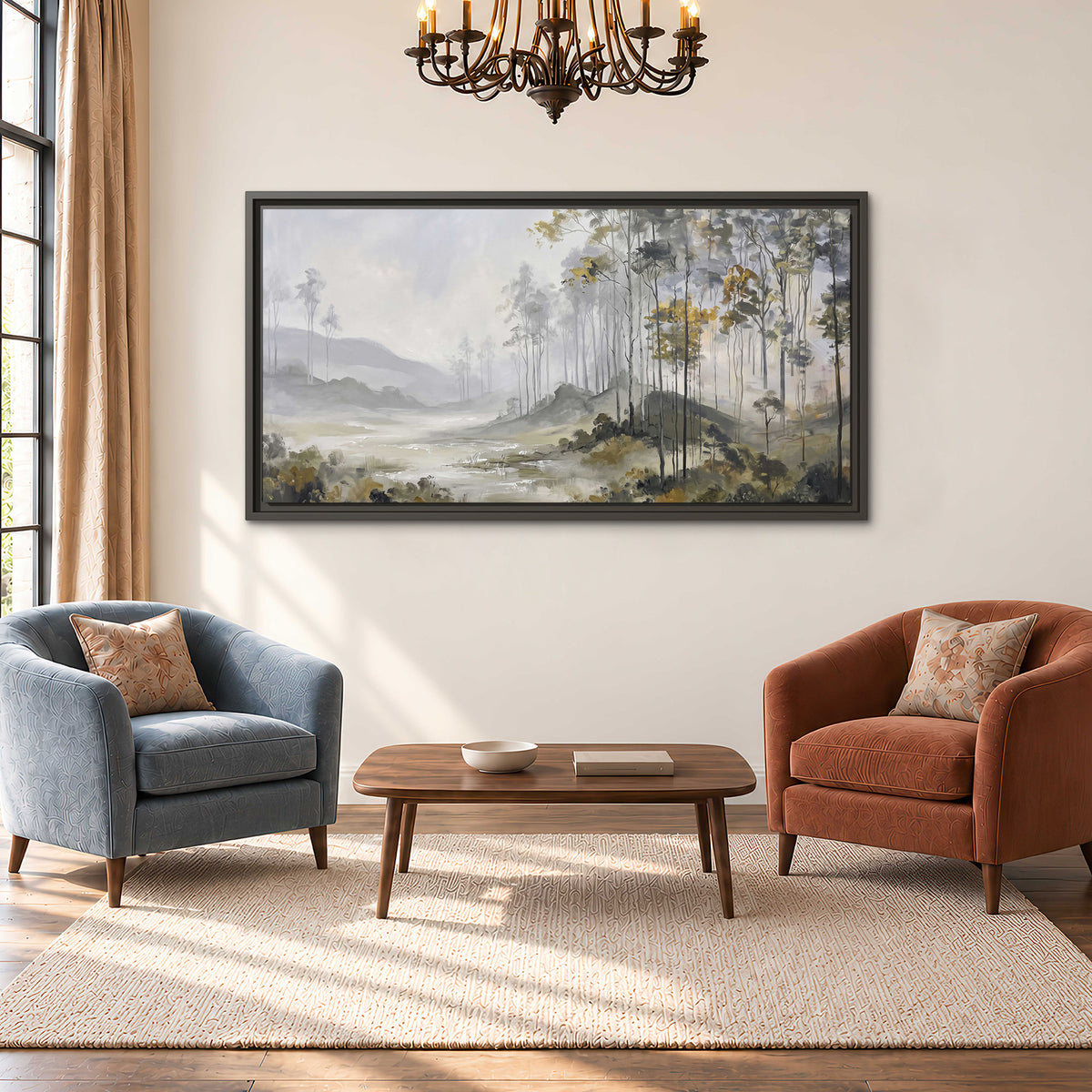 Misty woodland stream with gray trees, muted olive foliage and distant hazy hills single framed canvas wall art styled in an interior