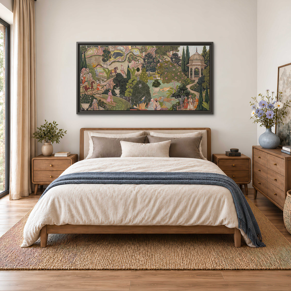 Ornamental garden scene with pavilions, people and animals single framed canvas wall art styled in an interior