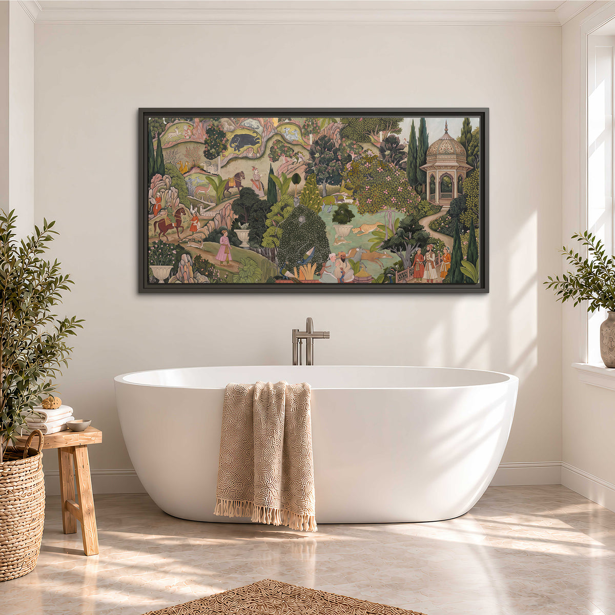 Ornamental garden scene with pavilions, people and animals single framed canvas wall art styled in an interior