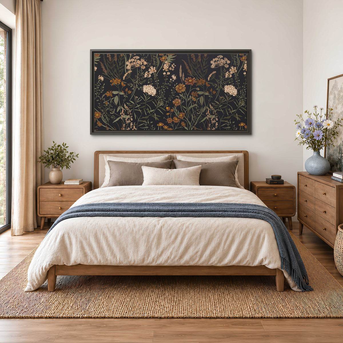 Small cream and rust flowers on a dark botanical background single framed canvas wall art styled in an interior