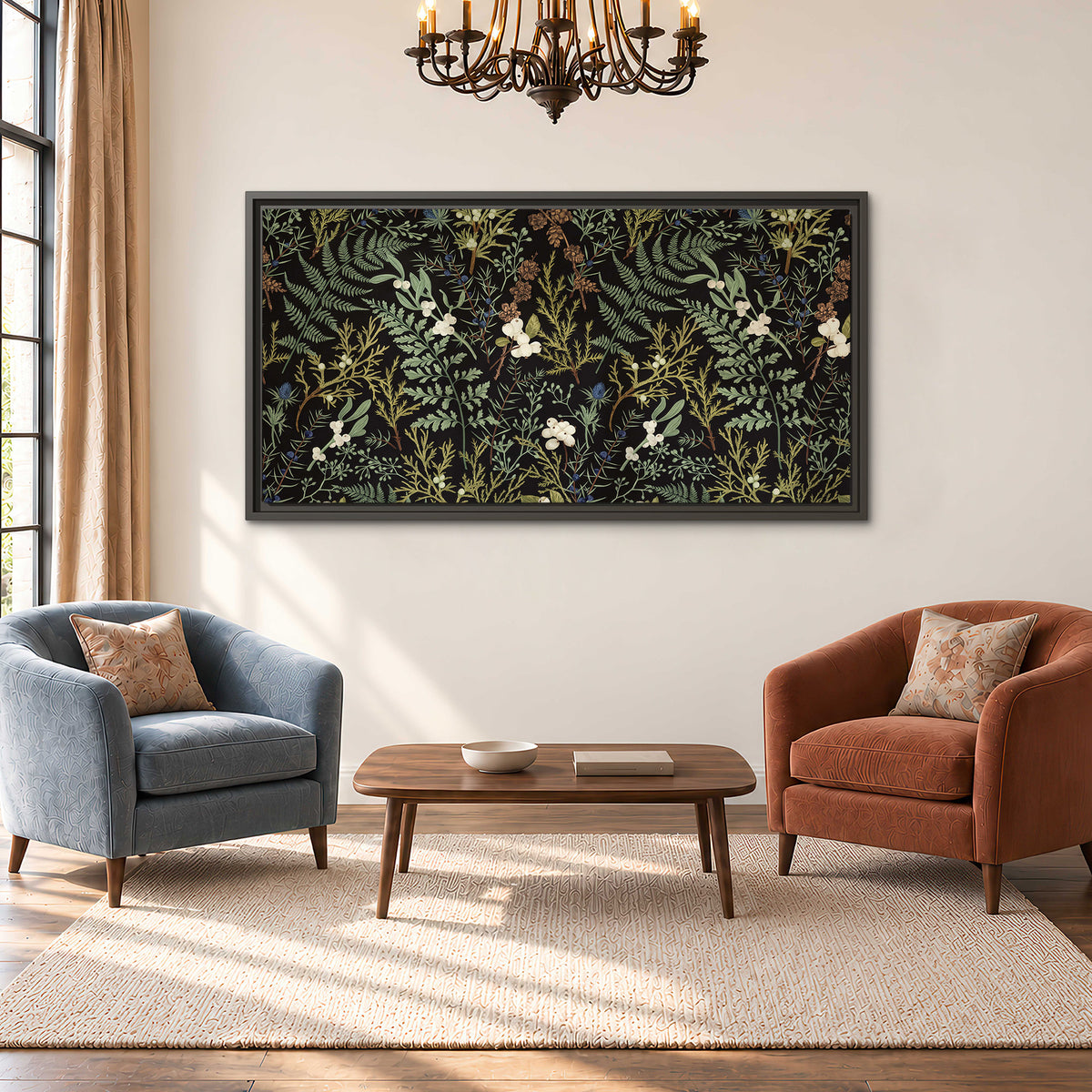 Fine green ferns and cream flowers on a black background single framed canvas wall art styled in an interior
