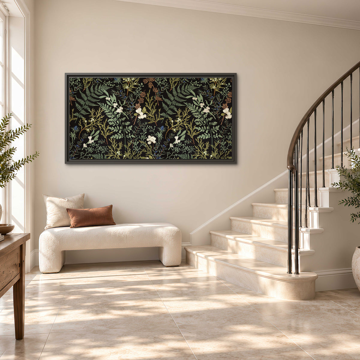 Fine green ferns and cream flowers on a black background single framed canvas wall art styled in an interior