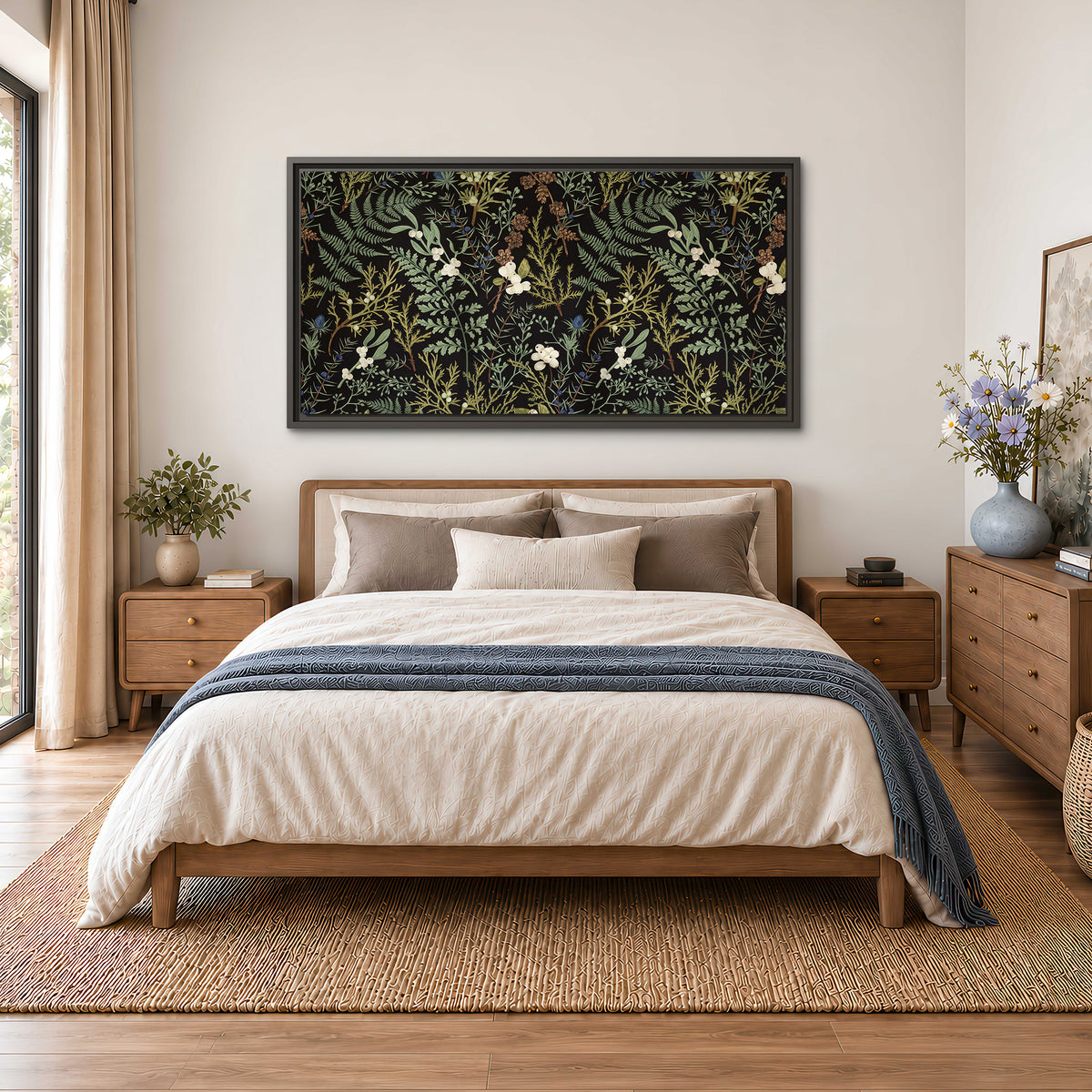 Fine green ferns and cream flowers on a black background single framed canvas wall art styled in an interior