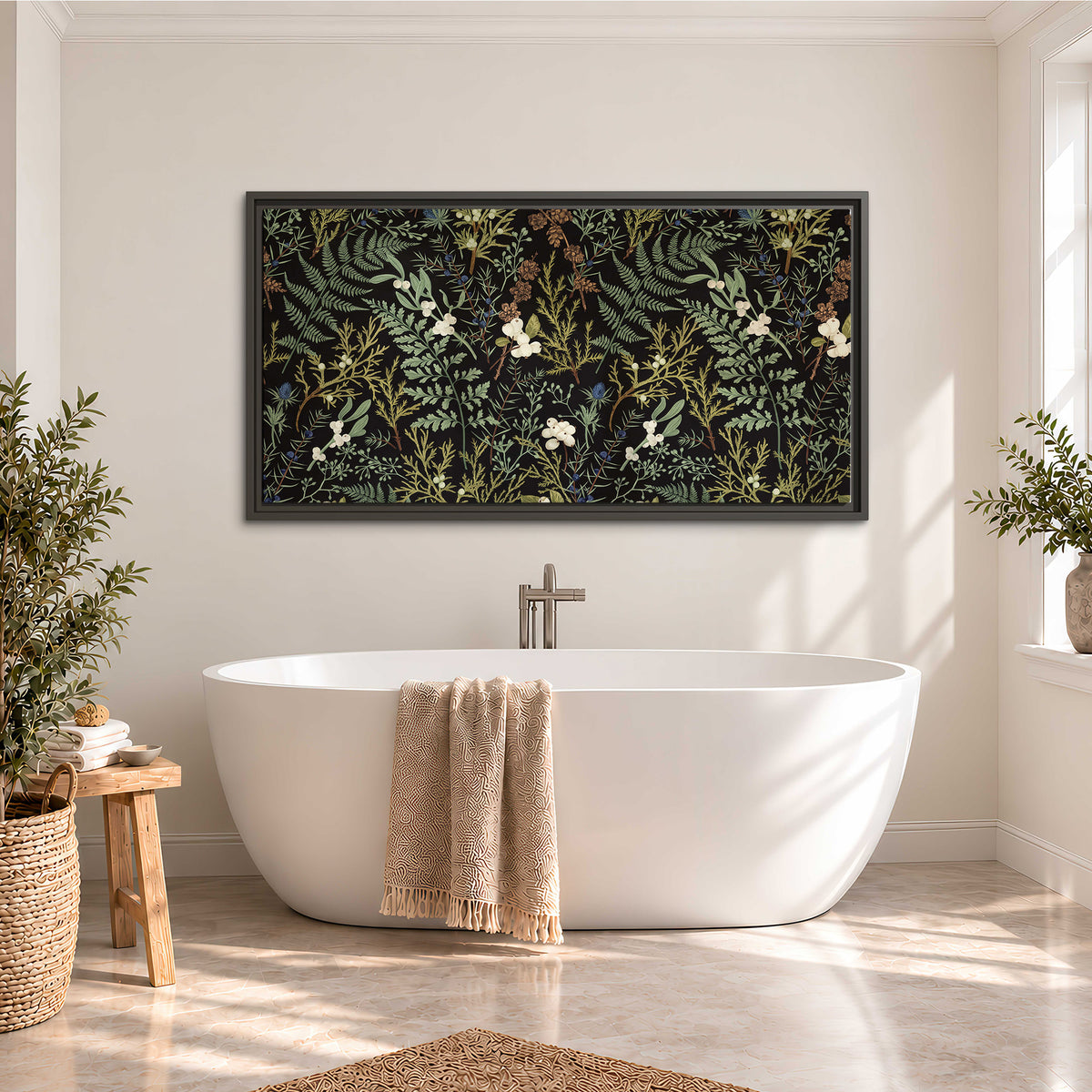 Fine green ferns and cream flowers on a black background single framed canvas wall art styled in an interior