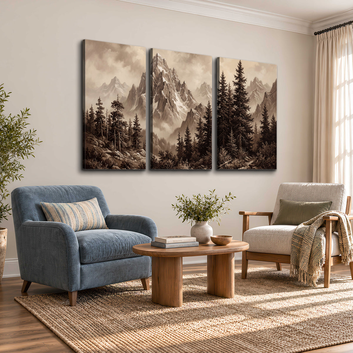 Dramatic mountain peaks framed by evergreen trees 3 piece canvas wall art styled in an interior
