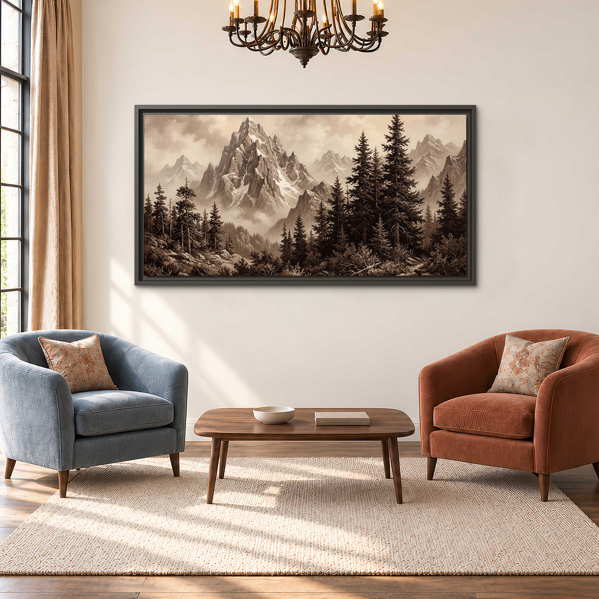 Dramatic mountain peaks framed by evergreen trees single framed canvas wall art styled in an interior