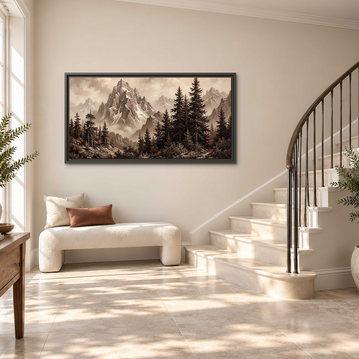 Dramatic mountain peaks framed by evergreen trees single framed canvas wall art styled in an interior