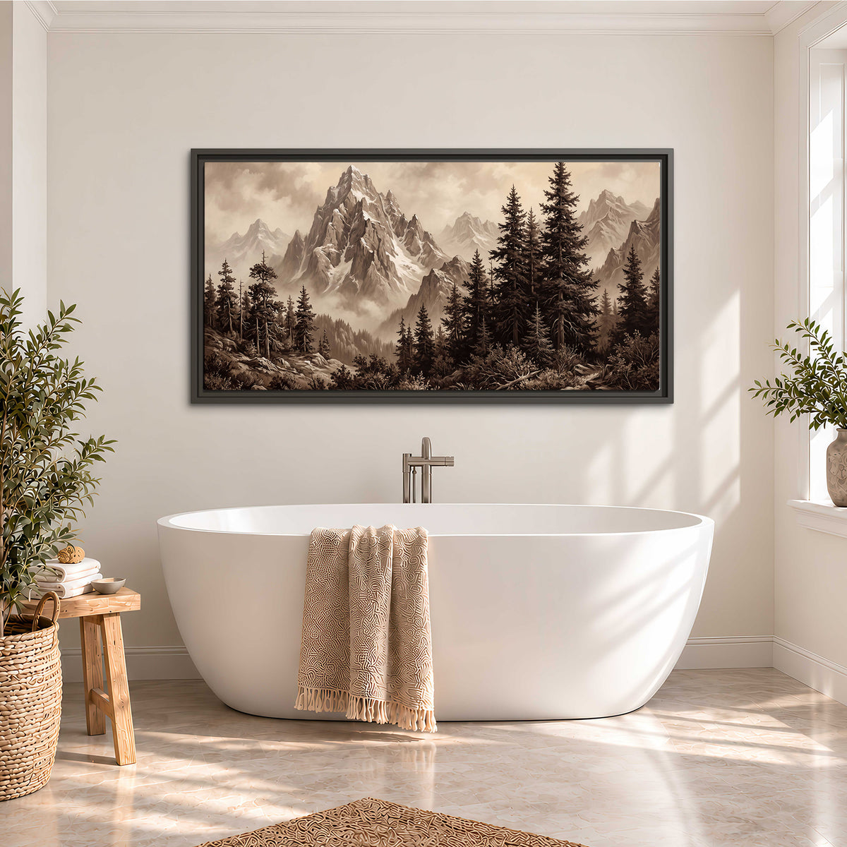 Dramatic mountain peaks framed by evergreen trees single framed canvas wall art styled in an interior