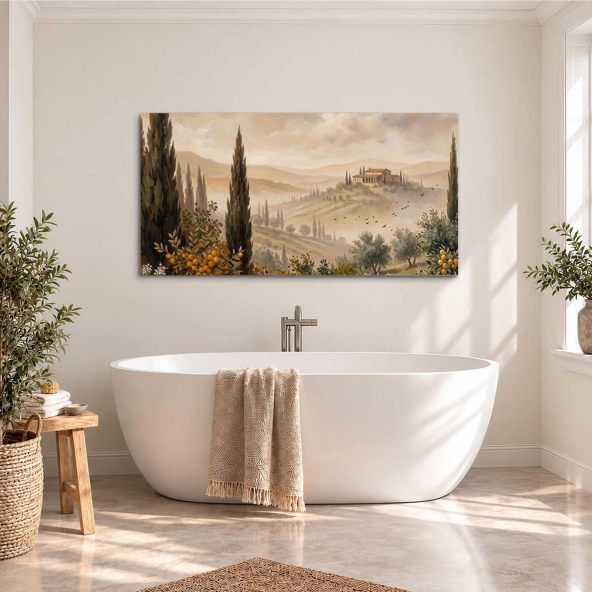 Cypress trees, distant villas and warm rolling hills single canvas wall art styled in an interior