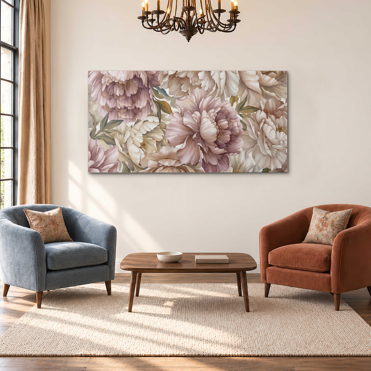 Layered soft pink and ivory flowers with sage leaves single canvas wall art styled in an interior