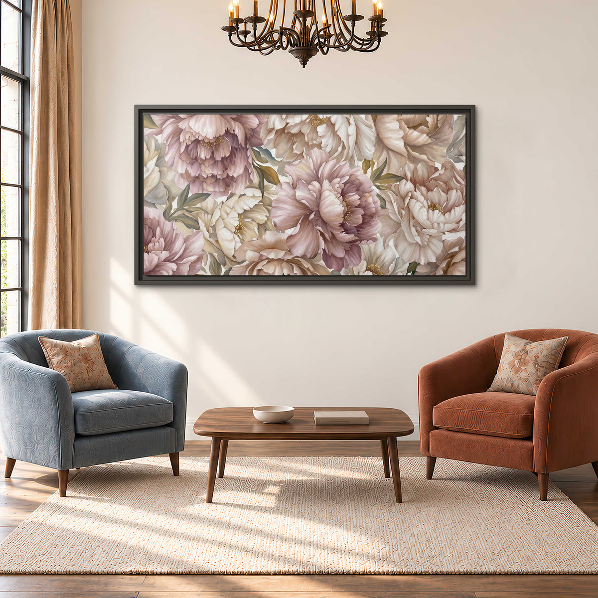 Layered soft pink and ivory flowers with sage leaves single framed canvas wall art styled in an interior
