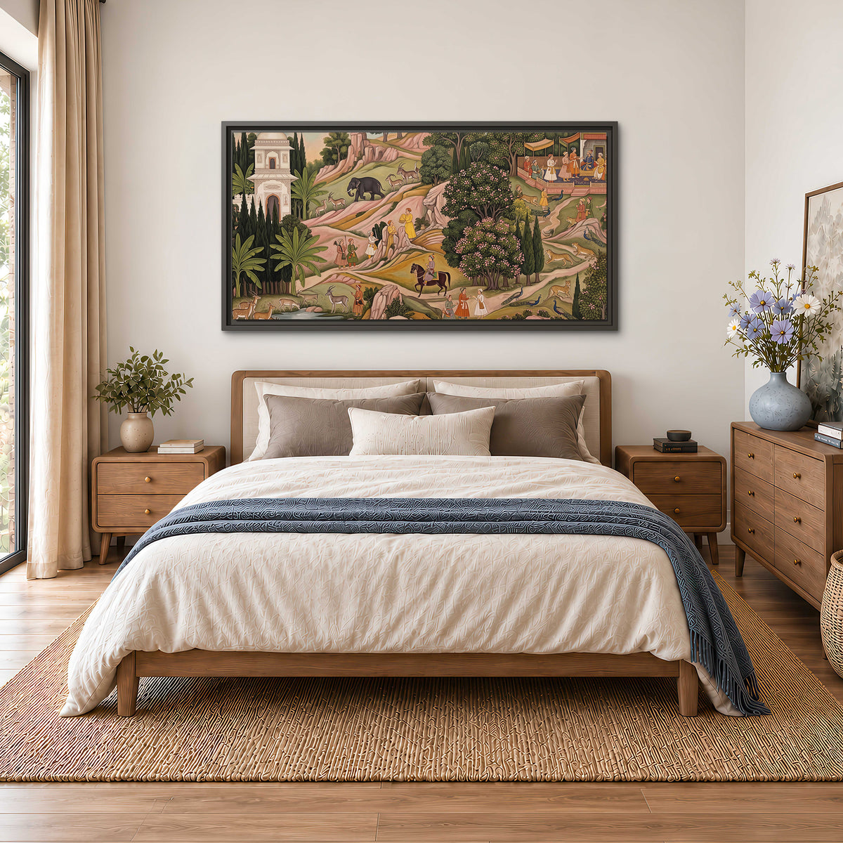 Decorative palace gardens with riders, trees and pavilions single framed canvas wall art styled in an interior